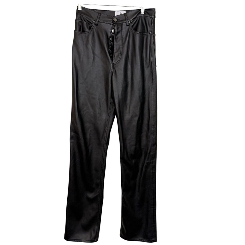 Anine Bing Kat Black Vegan Leather Pants Sz 36 High Rise Button Fly Straight Leg
